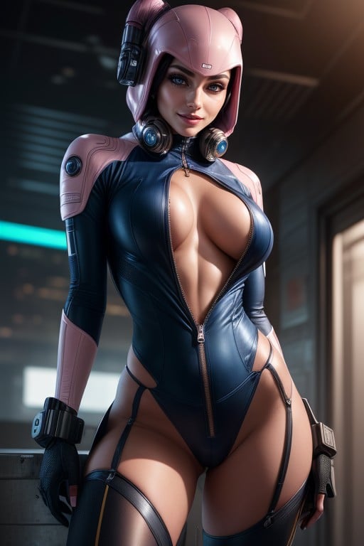 Twilek Woman Soft Pink Skin Tight Futuristic Work Suit Unzipped Carrying A Blaster Pistol Cleavage Close Up Futuristic Club Medium Sized Breasts Crouched Down Hiding Behind A Metal Crate, Hacker Ciberpunk, GuiñoPorno AI