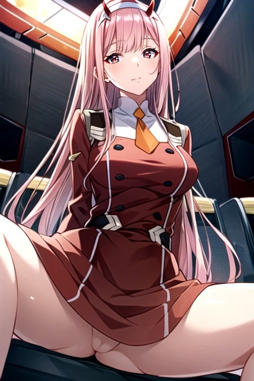 Zero-two (darling In The Franxx), Red Eyes, Sitting Down Legs Spread Hentai AI Porn