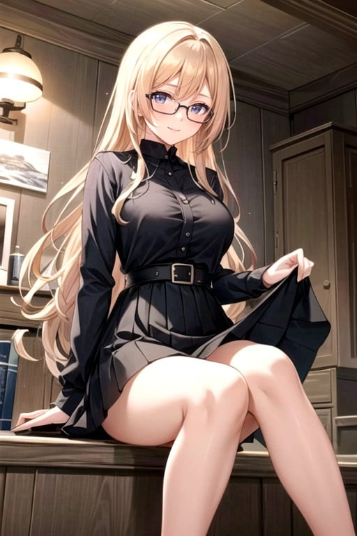 Nerdy Young Woman With Glasses Upskirt Pantyshot Lift Skirt Medium Length Wavy Blonde Hair SmileAIポルノ