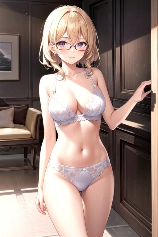 Nerdy Young Woman With Glasses White Lingerie Medium Length Wavy Blonde Hair Smile Pornografia de IA