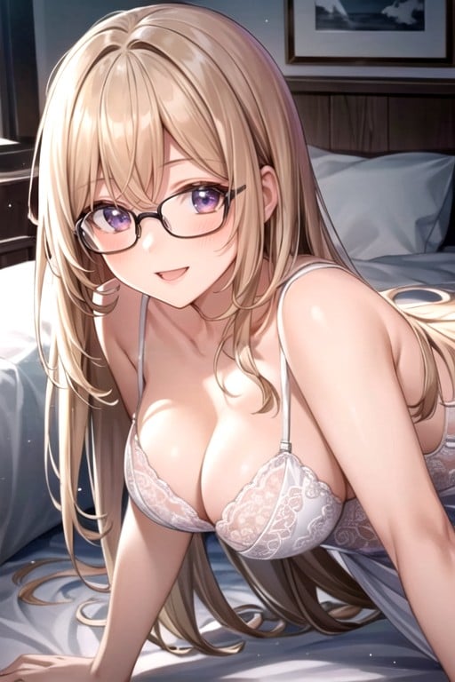 Nerdy Young Woman With Glasses White Lingerie Medium Length Wavy Blonde Hair Smile Laying On Bed Bottom UpAI黄片