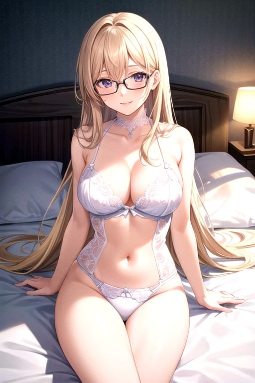 Nerdy Young Woman With Glasses White Lingerie Medium Length Wavy Blonde Hair Smile Laying On Bed TopplessAIポルノ