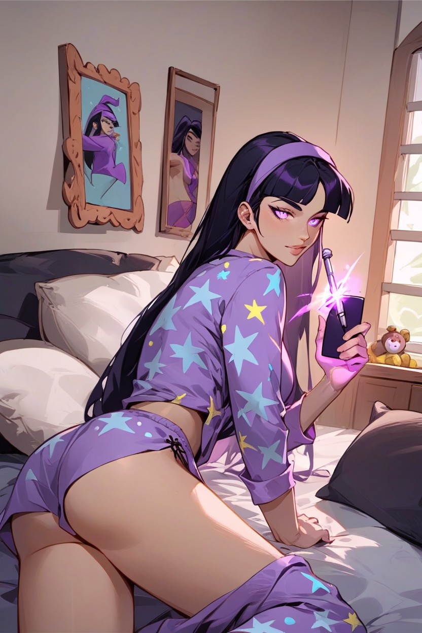 Black Hair, Holding Up Magic Wand, Timmy Turner Plushie In Her Hand Shemale AI Porn