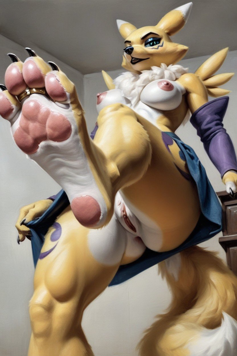 A Primarilly Foot Focused Image Of Renamon Standing Over The Viewer, Her Feet Taking Up Most Of View The Bottom Of Her Soles Are Clearly Visible With Subtle Wrinkles Gold Rings Are Worn On Her Middle Toes Each Foot Having Only Four Toes With The Clear Intention Of Placing Her Feet On The Viewers Face, With Detailed Feet Presenting To The Viewer The Point Of View Is From Below퍼리 AI 포르노