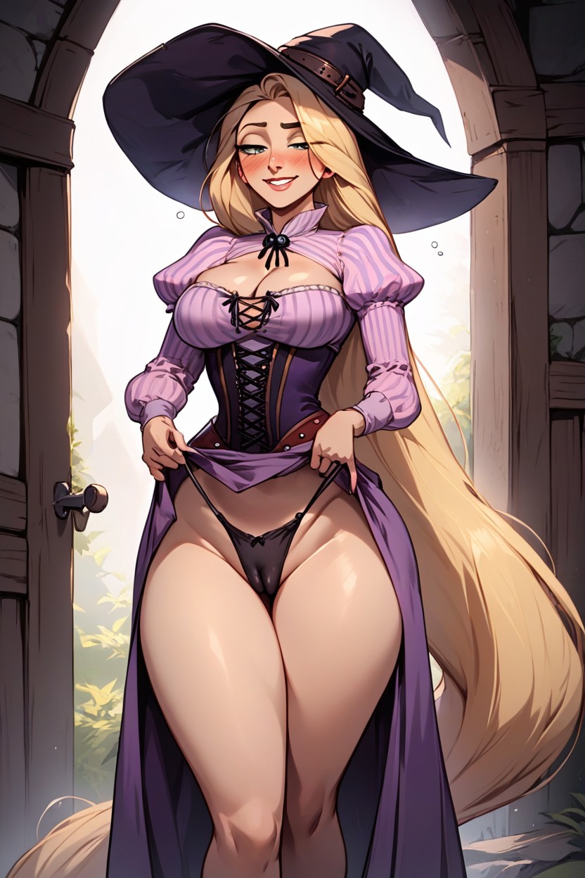 Hyper Puffy Camel Toe Black Thong Fat Camel Toe Huge Clevage Black Hat Purple Dress, Large Ass, Standing AI Gay Porn