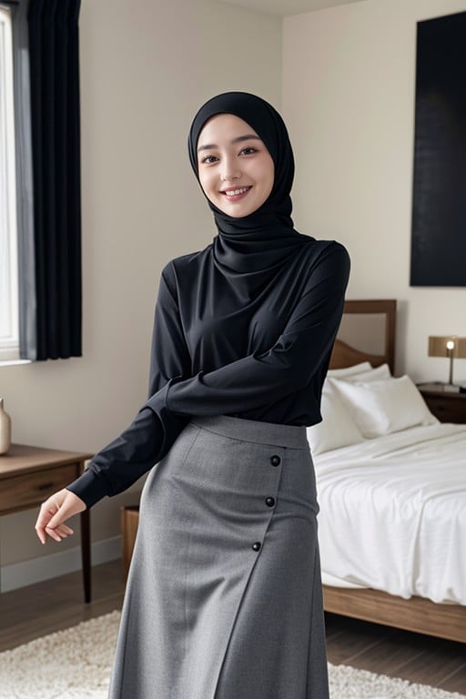 Long Sleeves, Hijab, Sonriendo Con La Boca AbiertaPorno AI