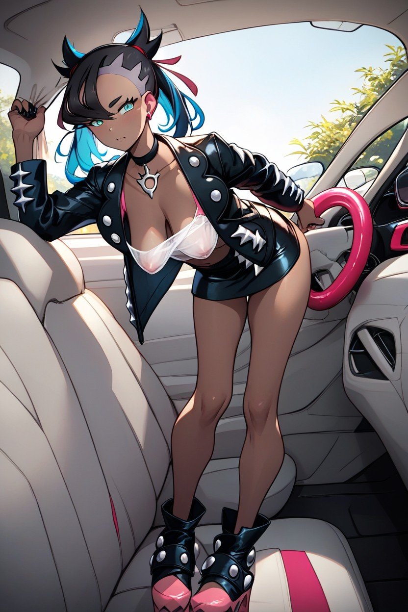 Bangs With Jewel Blue Highlights Dark Skinned Black Leather Jacket, Marnie From Pokemon, Long Black Platform Shoes Bending Over Car Window From Outside The Car Looking In Pulling Tube Top To Show One Breast View From Inside A Car Window Seductive Look On Her Face Natural BreastsAI黃片