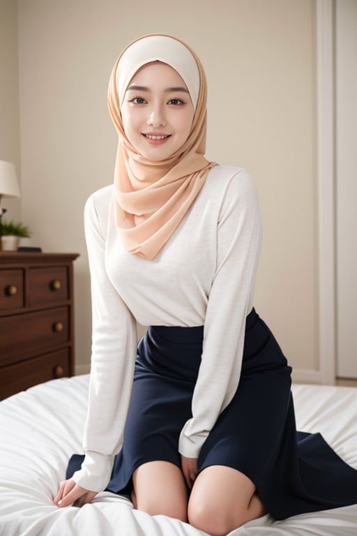 Bedroom, Smiling Mouth Open, Hijab AI Porn