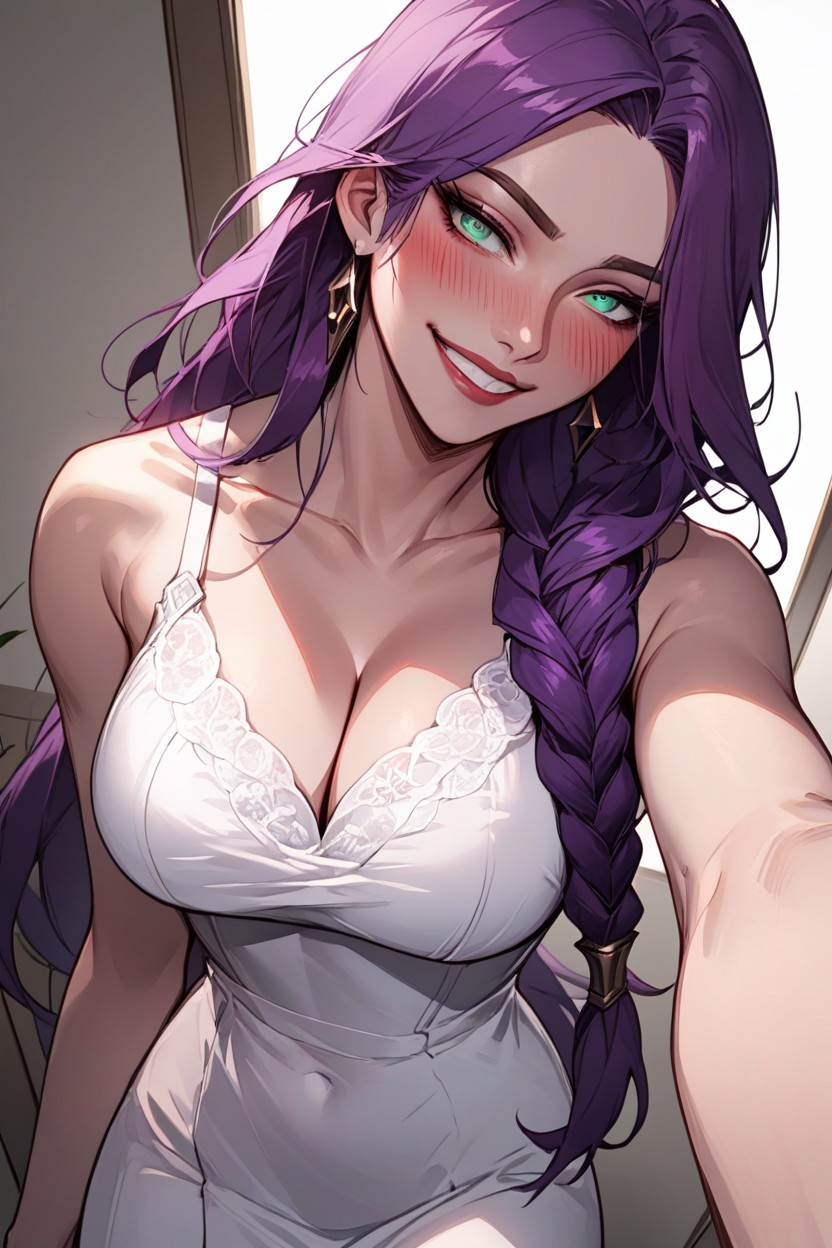 Model, Maliciosa (sorrindo Enquanto Ruborizada), Cabelo Roxo Hentai IA pornografia