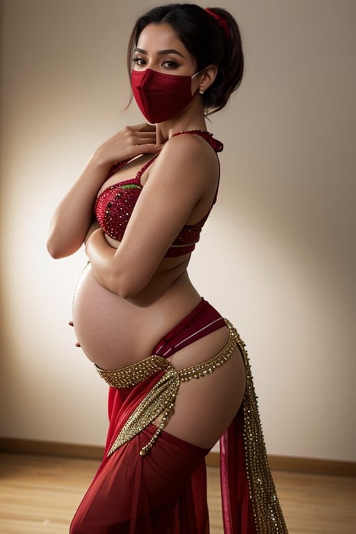 Pregnant In Red Belly Danceing Outfit With Large Ponytail Wearing A Red Mask On Mouth Bending Over For You, 腰に手を当てる, 目を半分閉じるAIポルノ