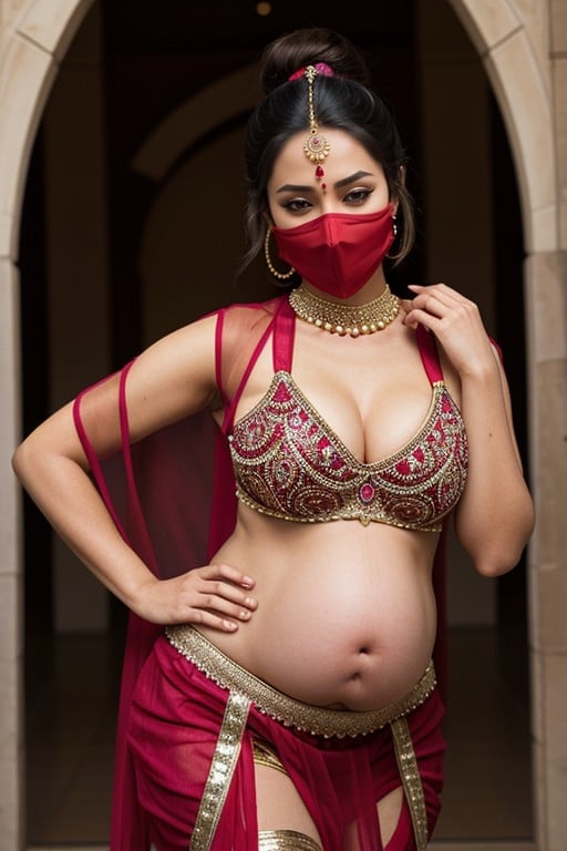 Pregnant In Red Belly Danceing Outfit With Large Ponytail Wearing A Red Mask On Mouth Bending Over For You, 눈을 반쯤 감다, 몸을 숙이다퍼리 AI 포르노