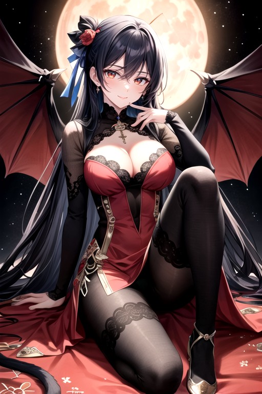 Wearing Aristocratic Gothic Red Orange Dress With Lace Details And Black Tights, Full Body, Against The Background Of A Full Crimson Dark Orange MoonPorno AI Hentai