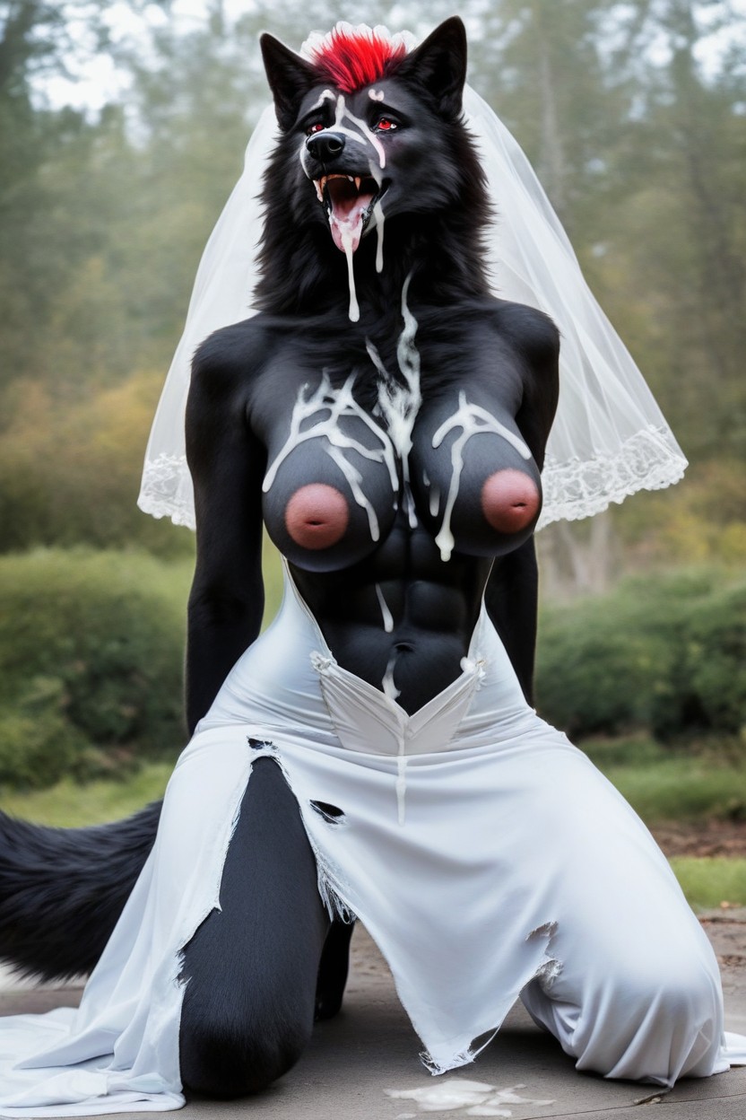 Ripped Clothes , Black Wolf, A Lot Of Cum On Breast Furry AI Porn