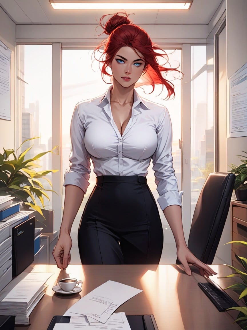 Red Bun Hair, Black High-waisted Trousers Walking At The Office, Hot Coffee Hentai IA pornografia