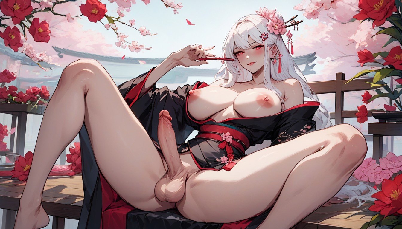 Legs Spread, Sitting On A Wooden Japan Chair, Black Kimono With Red FlowersファーリーAIポルノ