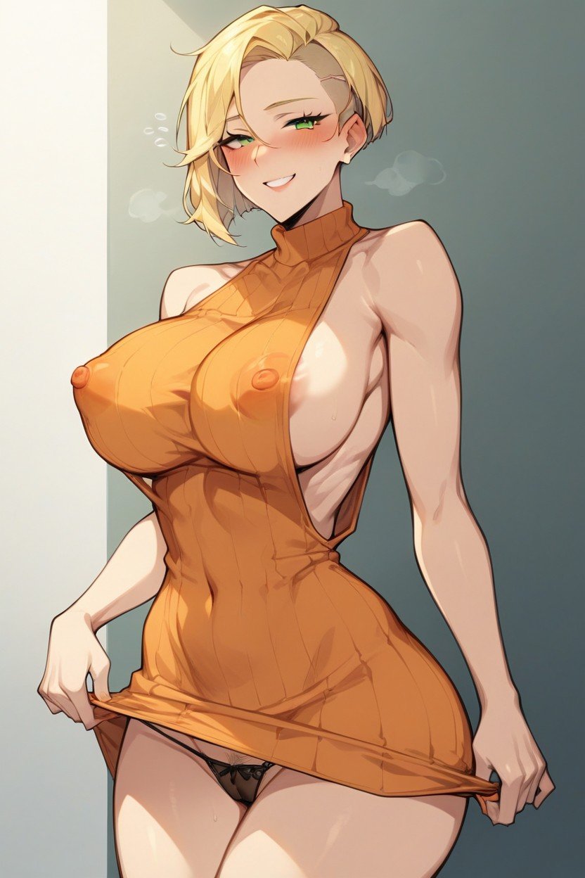 Side Boob, Blonde Hair, Orange Sleeveless Sweater Dress AI Porn