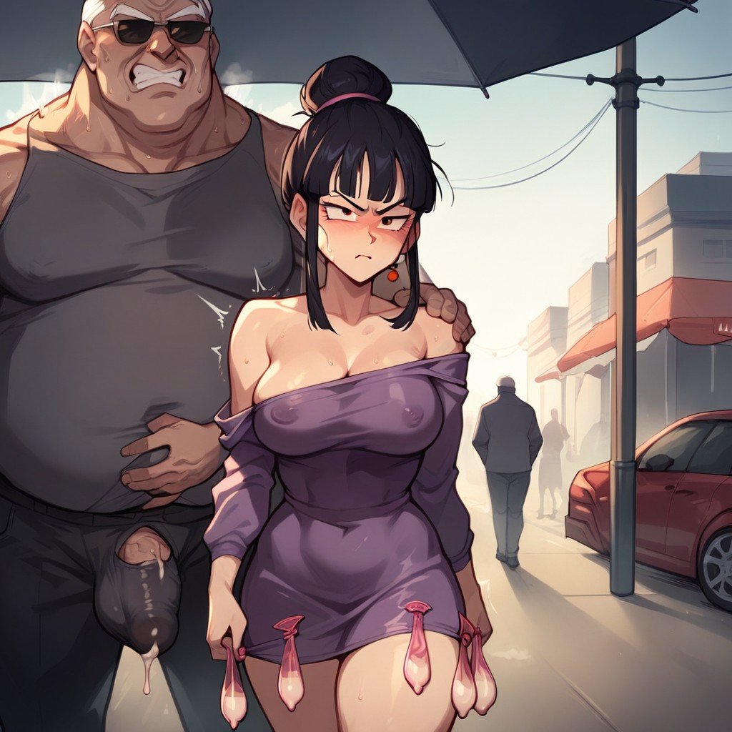 汗だく, Fat Old Man Big Bulge Hand On Back Of Head Purple Dress Long Cock In Hand Extremely Cummed, Walking Down Street In Rain Covered In CumAIポルノ