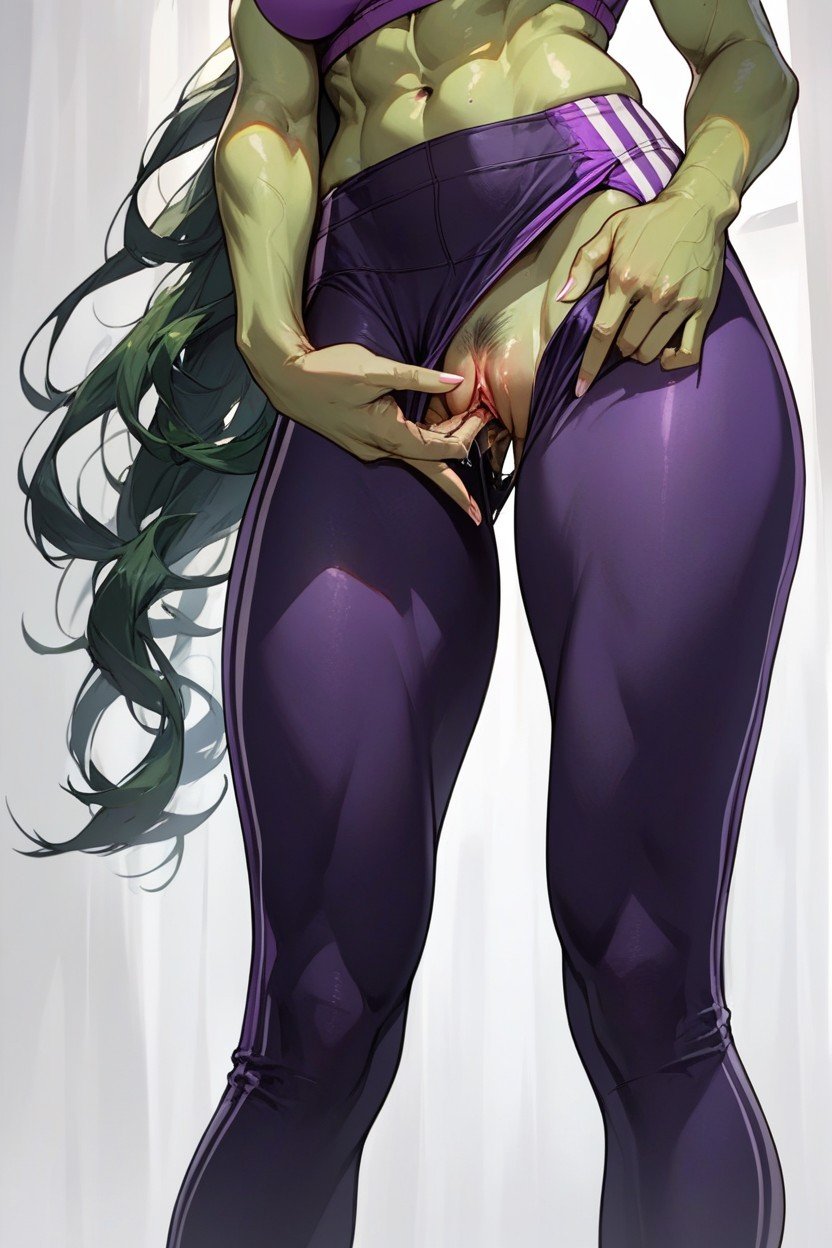 She Hulk From Marvel With A Ponytail And Gym Outfit, View From The Side, Black LeggingsAIポルノ