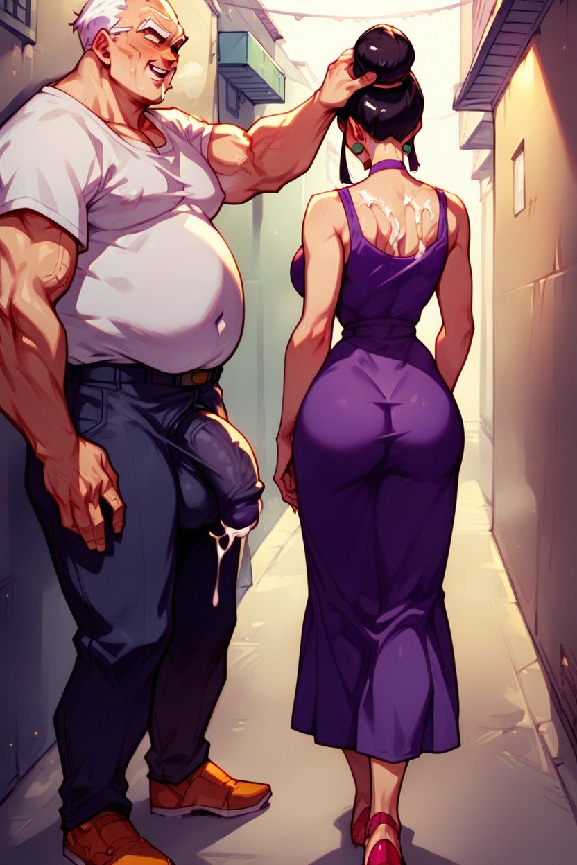 Chichi From Dragon Ball, Stroking Cock Fat Old Man Big Bulge Hand On Back Of Head Purple Dress Long Cock Gripped In Hand Curved Waist, Walking Down AlleyAI 포르노