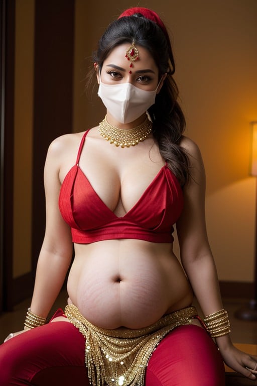 Pregnant In Red Belly Danceing Outfit With Large Ponytail Wearing A Red Mask On Mouth Bending Over For You, Égyptienne, Manos En La CinturaPorno IA