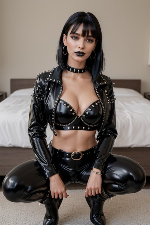 Thick Studded Leather Collar, Black Lipstick, Black Leather Bra AI Porn