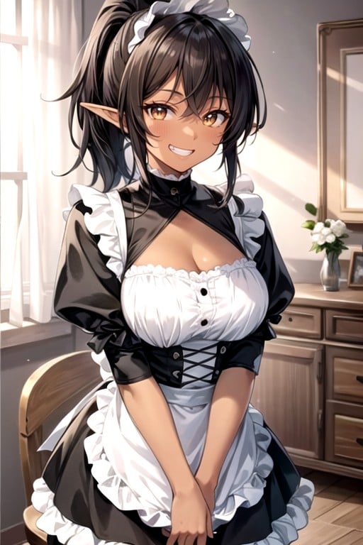 French Maid, Ponytail, Brown Eyes Hentai AI Porn