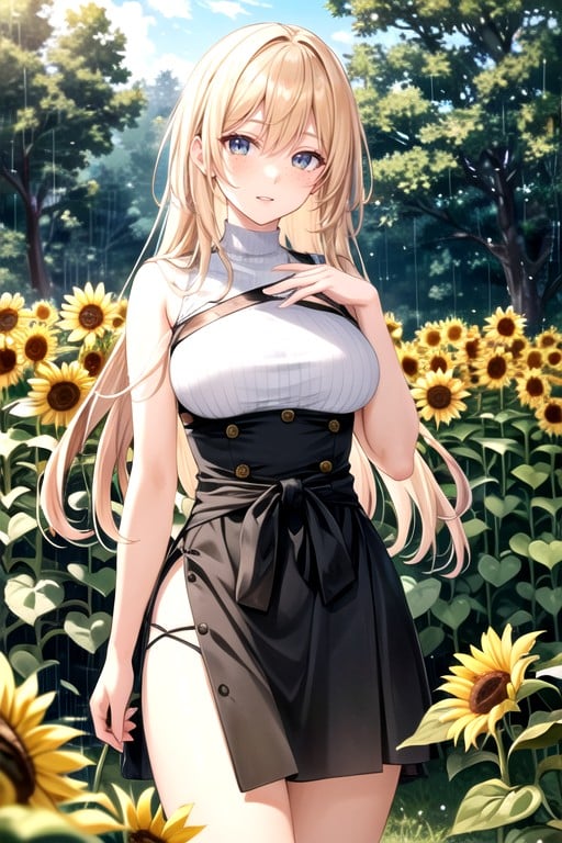 Luz Volumétrica, Campo De Girasoles, LluviosoPorno AI Hentai