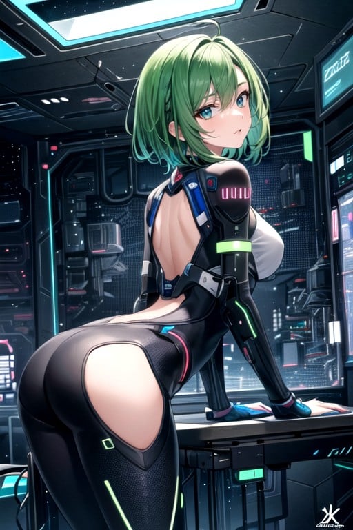 Green Hair, Bending Over, Cyberpunk Hacker AI Porn