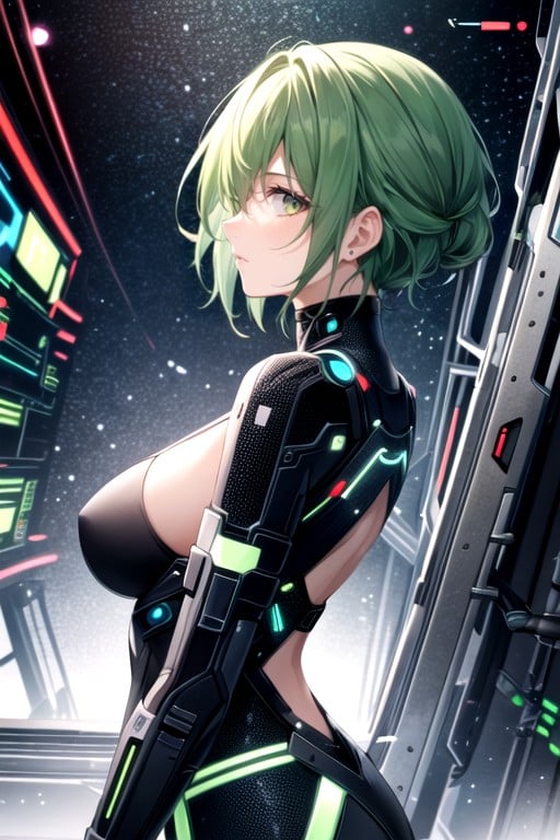 Hacker Cyberpunk, Coupe Pixie, Cheveux VertsPorno IA