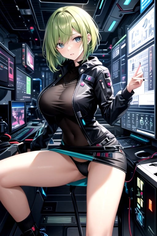 Cabelo Verde, Hacker Cyberpunk, Nave Espacial Pornografia de IA