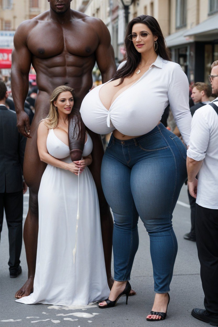 Hyper Girth, Public Road Background, Husband Standing Next To Extremely Taller Woman Pornografia de IA