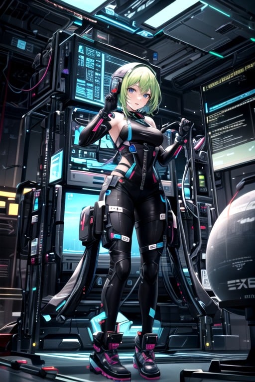 Hacker Cyberpunk, Cheveux Verts, Coupe PixiePorno IA