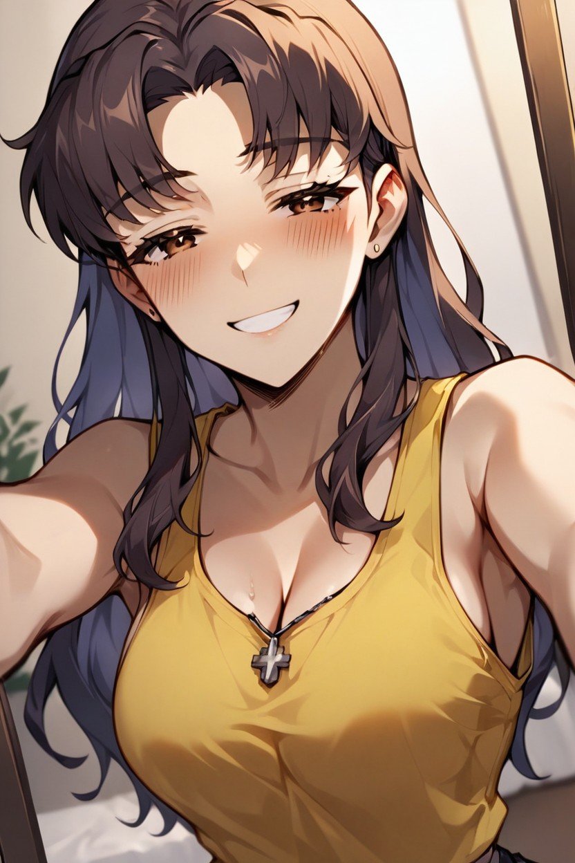 Brown Eyes, Lifting Yellow Tank Top Up, Misato KatsuragiPorno AI