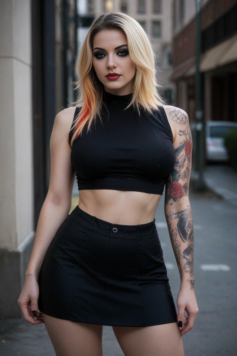 Crop Top, Black And Blonde Multicolored Hair, 苗條AI黃片