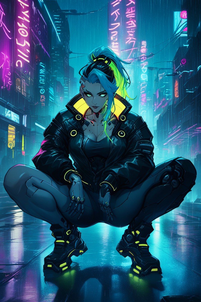 Cyberpunk Hacker, Cybernetics, Squatting AI Porn