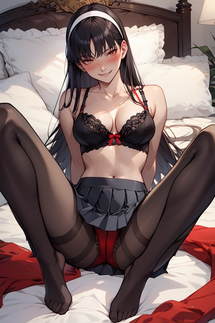 Red Panties, 脚を広げる, Black LeggingsAIポルノ