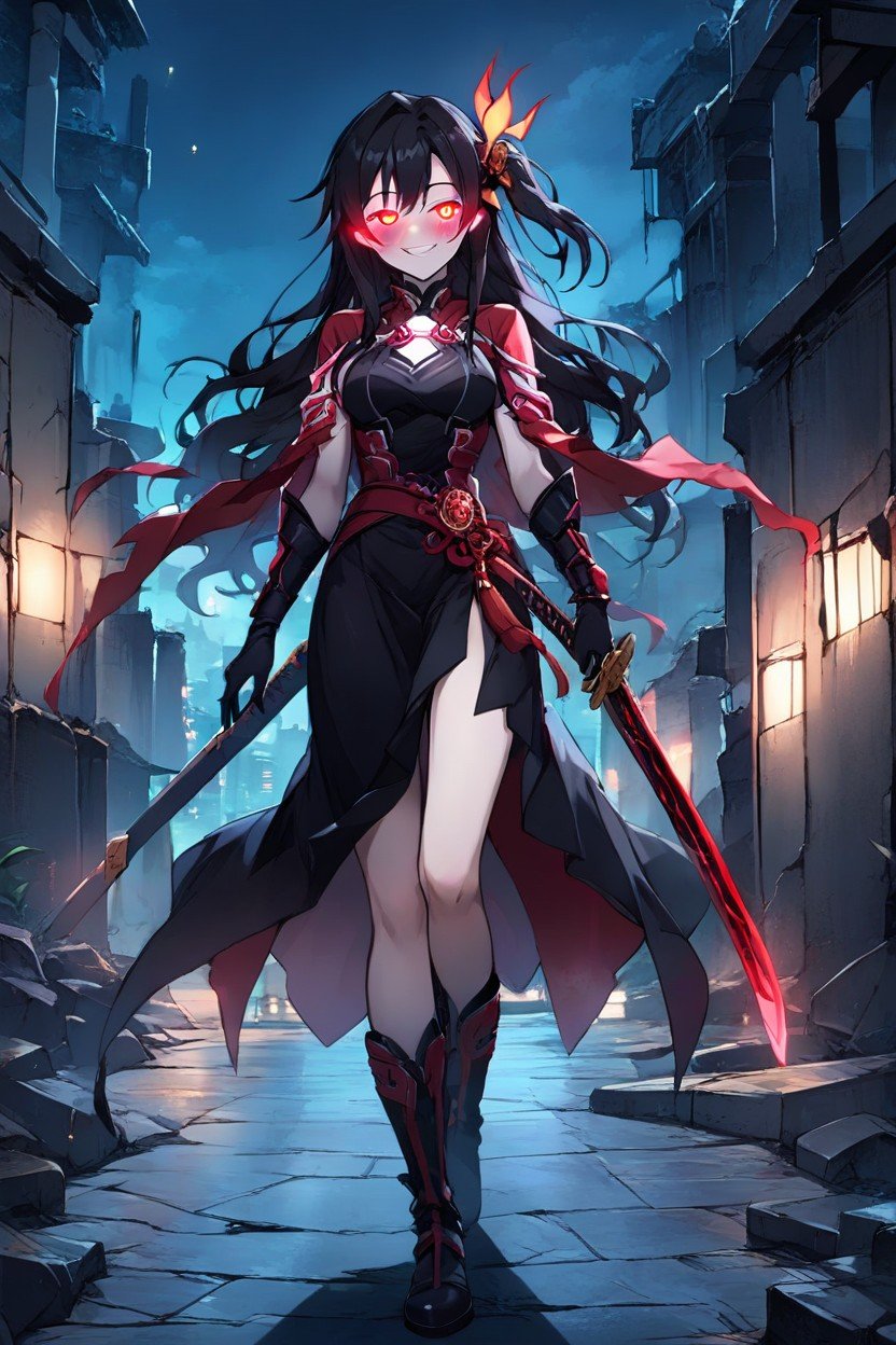 Red Eye, Japanese Sword With A Red Blade, Black DressヘンタイAIポルノ