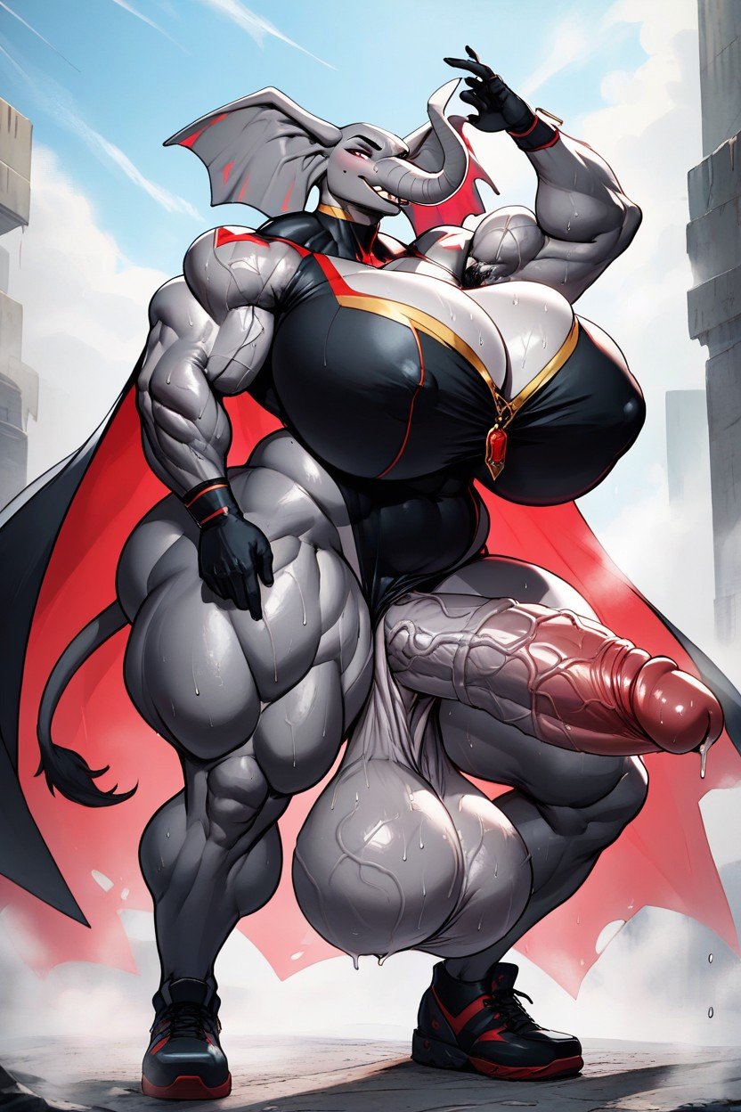 One Futanari Massive Bulge Big Bulle In Pants, Female Elephant Big Tits Elephant Body Gray Body In Savannah Muscular Body Massive Musclesmassive Muscles, スーパーヒーローファーリーAIポルノ