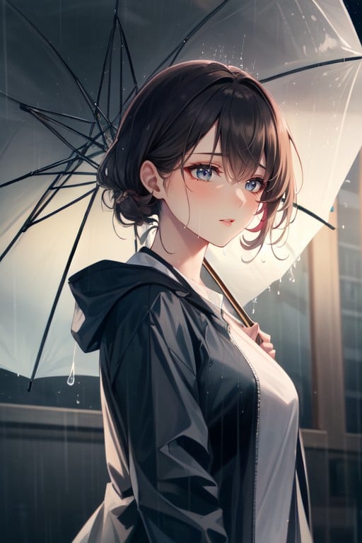 Portraying A Reflective And Thoughtful Expression As She Enjoys The Soothing Sound Of The Rain, Modern Day Waifu, Wearing A Stylish Raincoat Hentai AI Porn