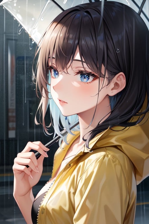 With Raindrops Falling Around Her, Wearing A Stylish Raincoat, Standing Under A Colorful UmbrellaPorno IA Hentai