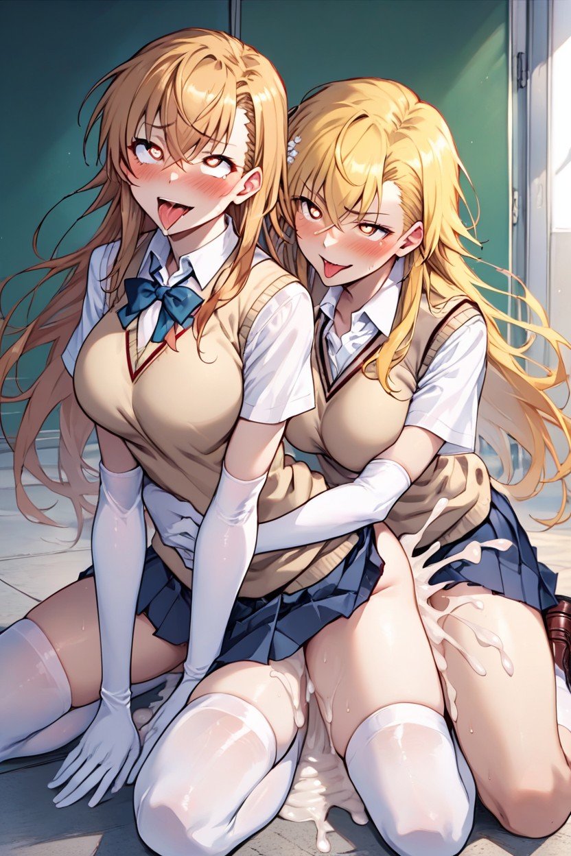 School Uniform, Light Brown Sweater Vest With The School Emblem On The Left Side, Pleated SkirtPorno AI Hentai