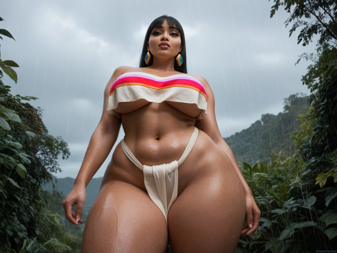 Massive Thighs, Standing Looking Up At The Rainy Sky, 18 Pornografia de IA