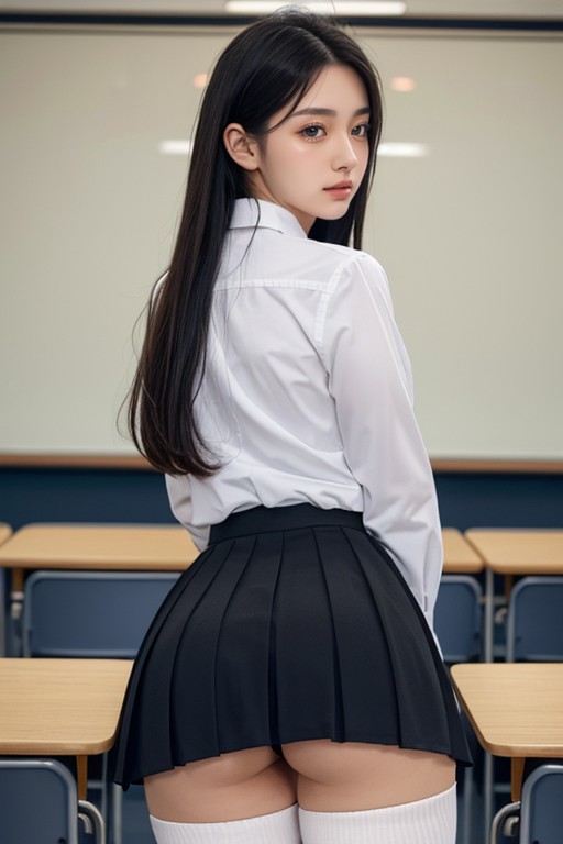 Blue School Skirt, Long White Socks, Long Black Straight HairPorno IA