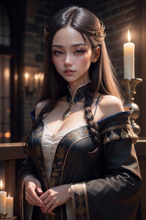 A Asian Woman Round Face Ravenclaw Robes From Hogwarts Old Castle At Night Background Floating CandlesticksPorno AI