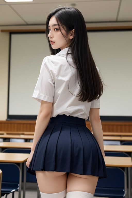 Long White Socks, Classroom, Long Black Straight Hair AI Porn