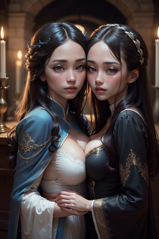 Two Girls Hugging, A Asian Woman Round Face Ravenclaw Robes From Hogwarts Old Castle At Night Background Floating Candlesticks AI Porn