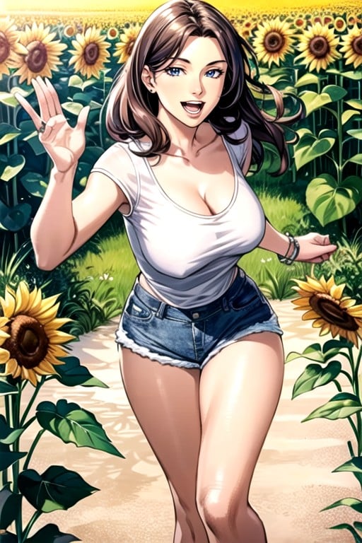 2 People, Jean Shorts, Sunflower Field AI Porn