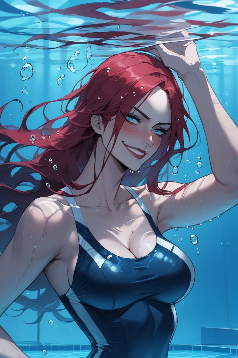 Mischievous (smiling While Blushing), Breasts Out, School Swim Suit AI Porn