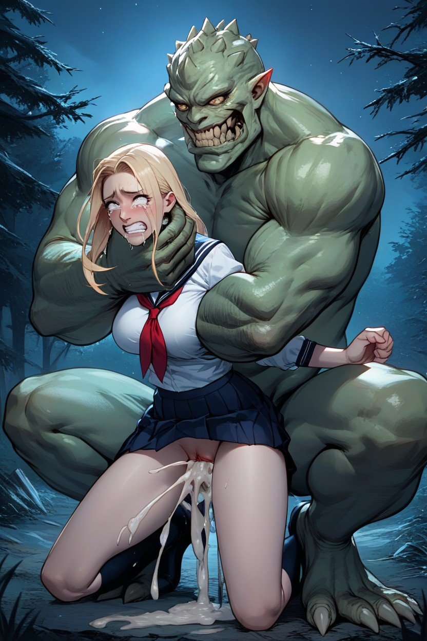 Full Body, Night, Blonde Beautiful Young Woman Has Sex With A Gigantic Green Monster AI Porn