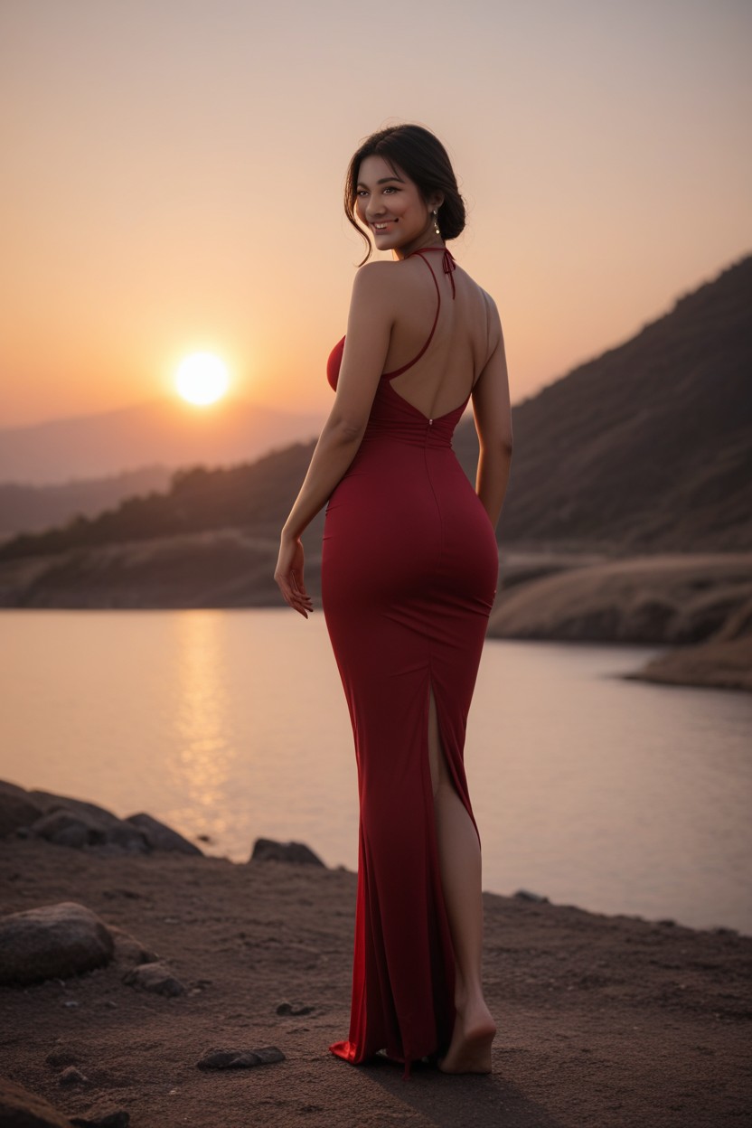 Her Dark Body Dim And Mysterious The Landscape Around Her Is Softly Blurred, 全身, Her Silhouette Illuminated By The Glowing Sunset Behind Her Her Figure Is Perfectly Outlined In Red LightAI獸人黃片